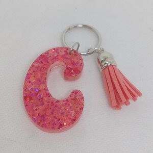 Pink Glitter Initial Keychain with Tassel